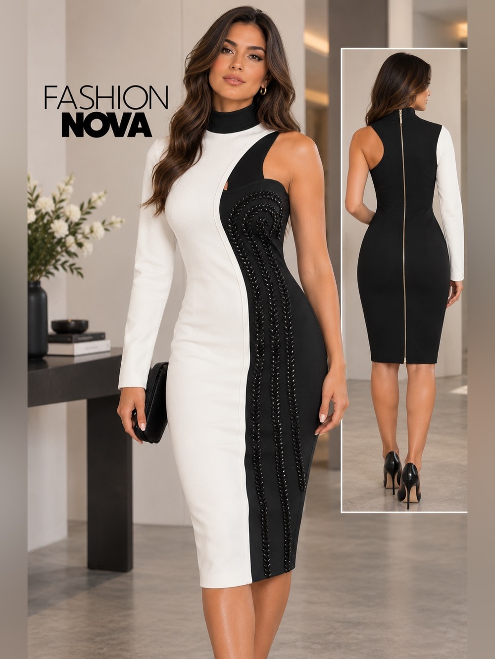Fashion Nova Black and White One-Shoulder Embellished Dress